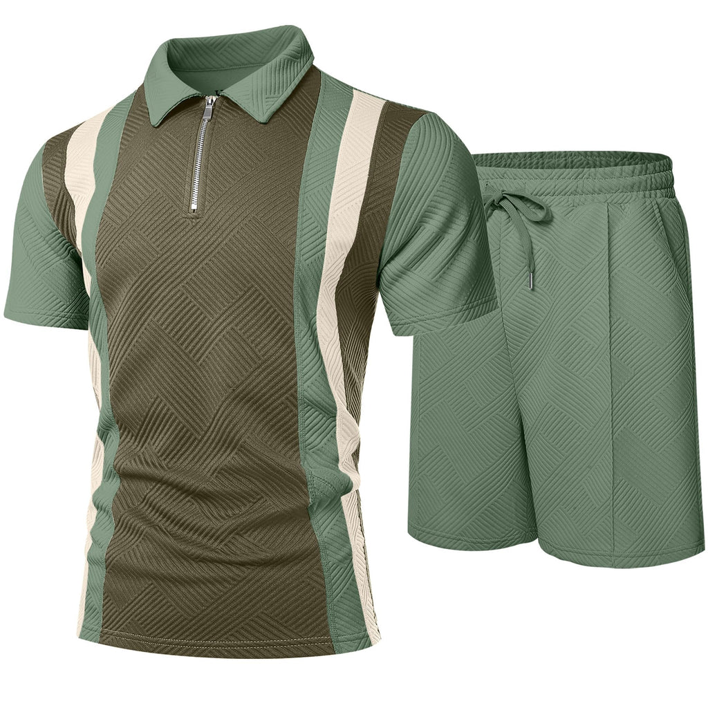 Mens Summer Track Suits 2 Piece Shorts Sets Short Sleeve Sweatsuit Outfits 1/4 Zip Golf Polo Splicing Striped Shirts