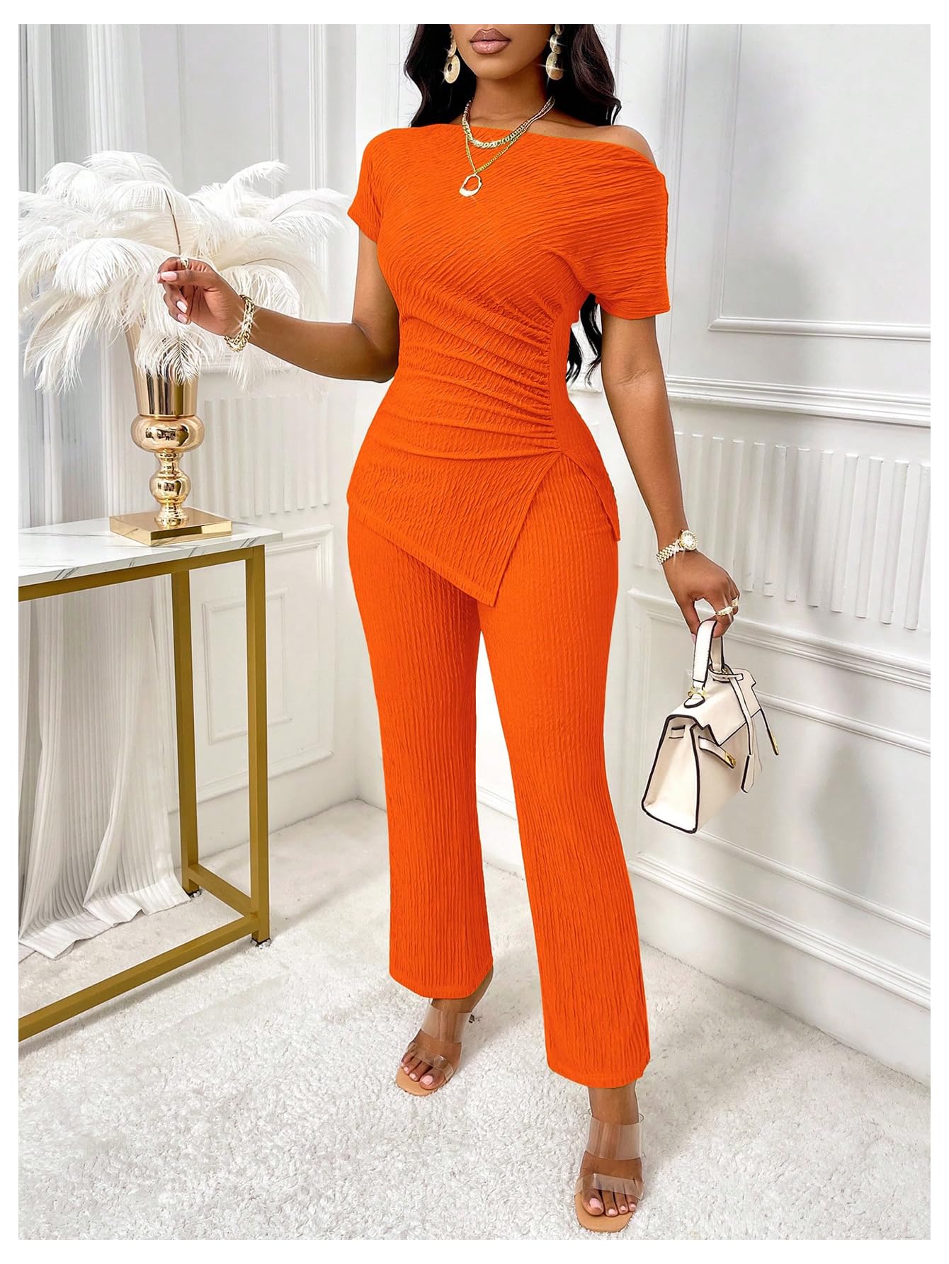 SOLY HUX Women's 2 Piece Outfit Short Sleeve Ruched T Shirt and Pants Set | Asymmetrical Neck, Going Out Set, Dressy, Summer Set