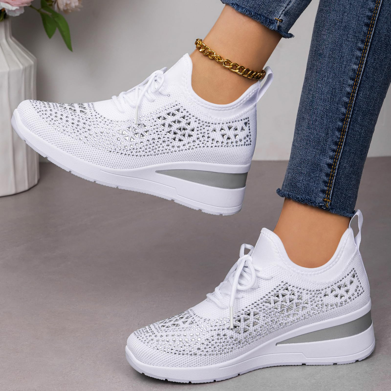Glitter Rhinestone Wedge Sneakers with Lace-Up for Women Fashion Shiny Sequin Comfort Orthopedic Breathable Mesh Round Toe Soft Sole Tennis Walking Shoes