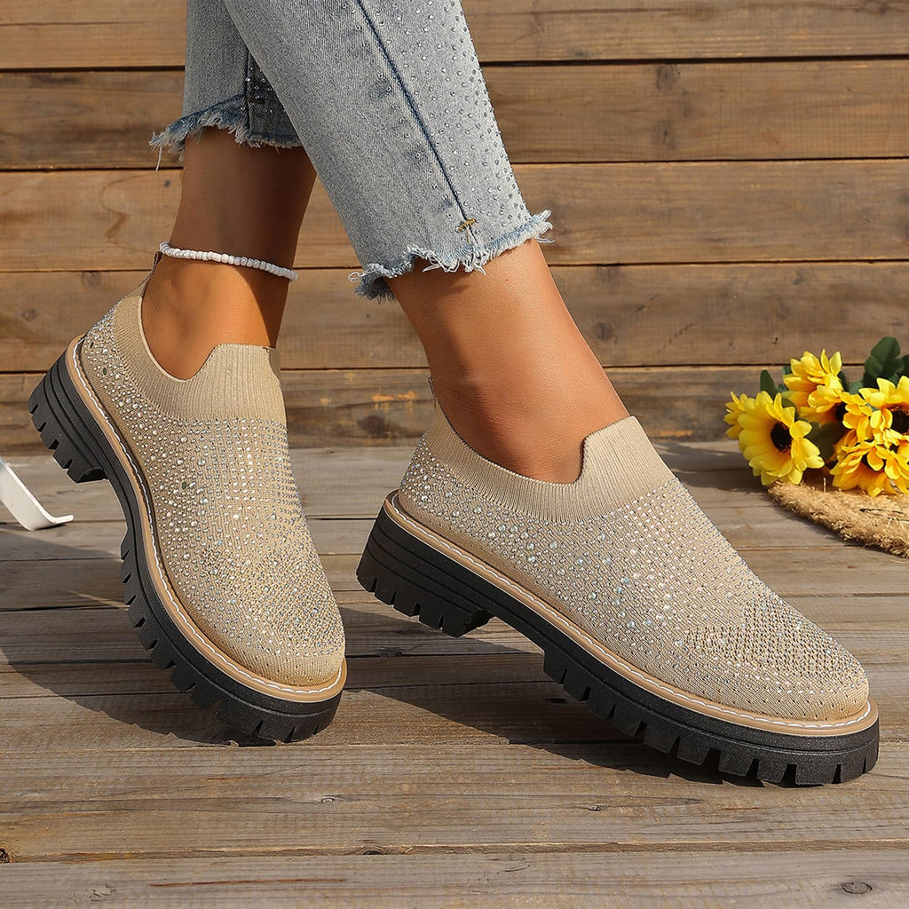 Women's Knit Rhinestone Platform Sock Sneakers Breathable Mesh Round Toe Slip On Lug Sole Loafers Lightweight Walking Sport Casual Shoes