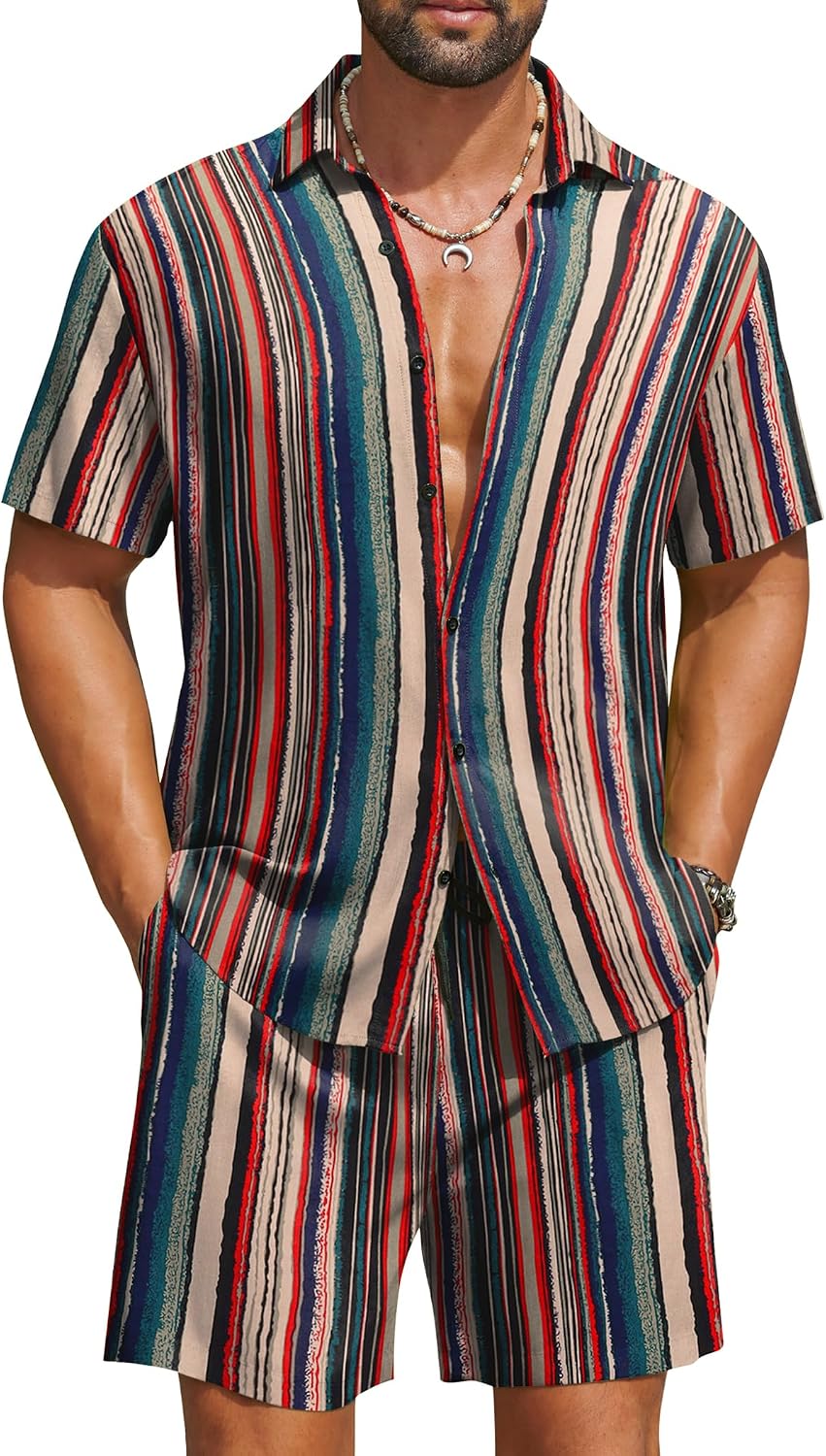 COOFANDY Men's Hawaiian Matching Set Summer Beach 2 Piece Outfits Flower Button Down Shirts and Shorts Vacation Outfits