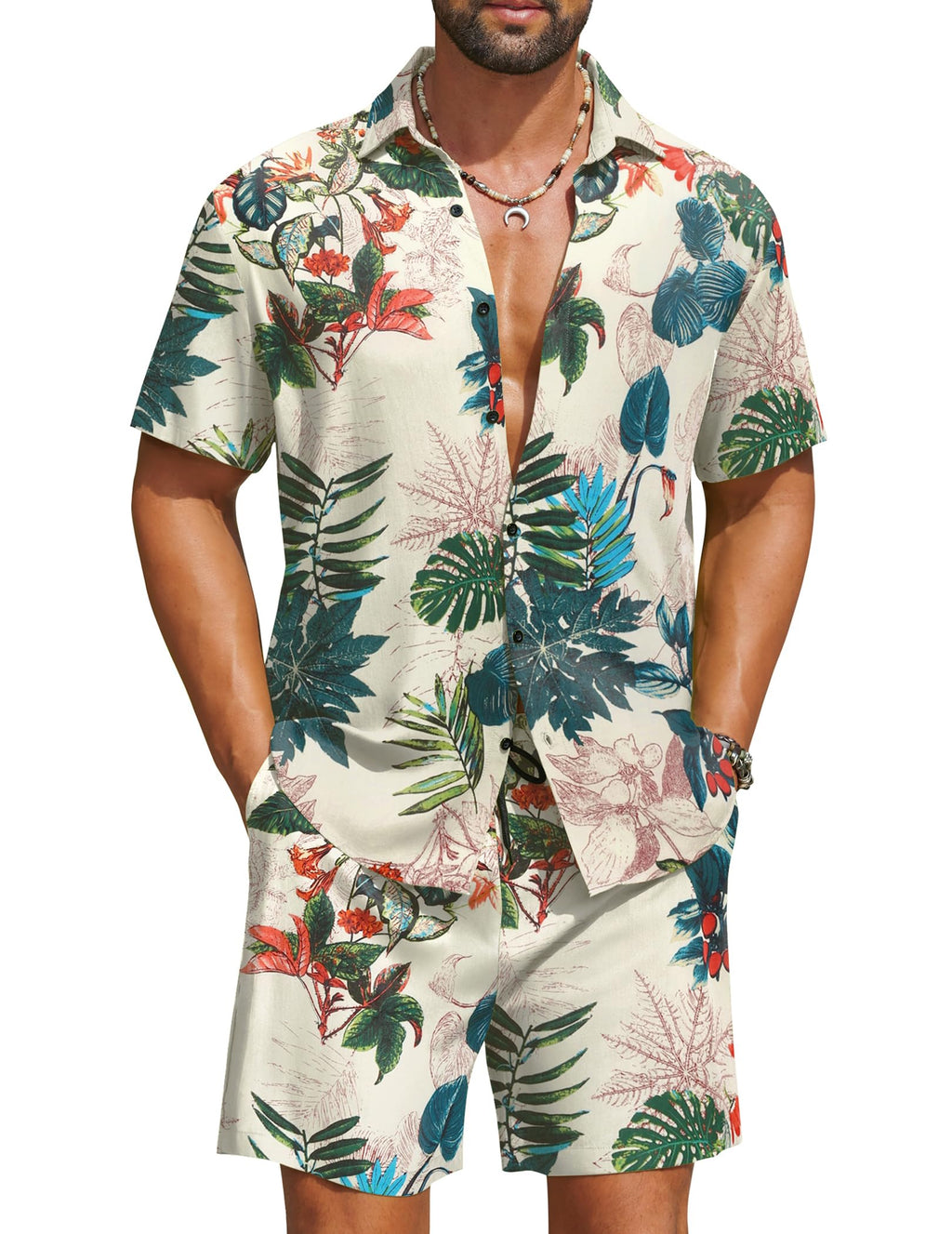 COOFANDY Men's Hawaiian Matching Set Summer Beach 2 Piece Outfits Flower Button Down Shirts and Shorts Vacation Outfits