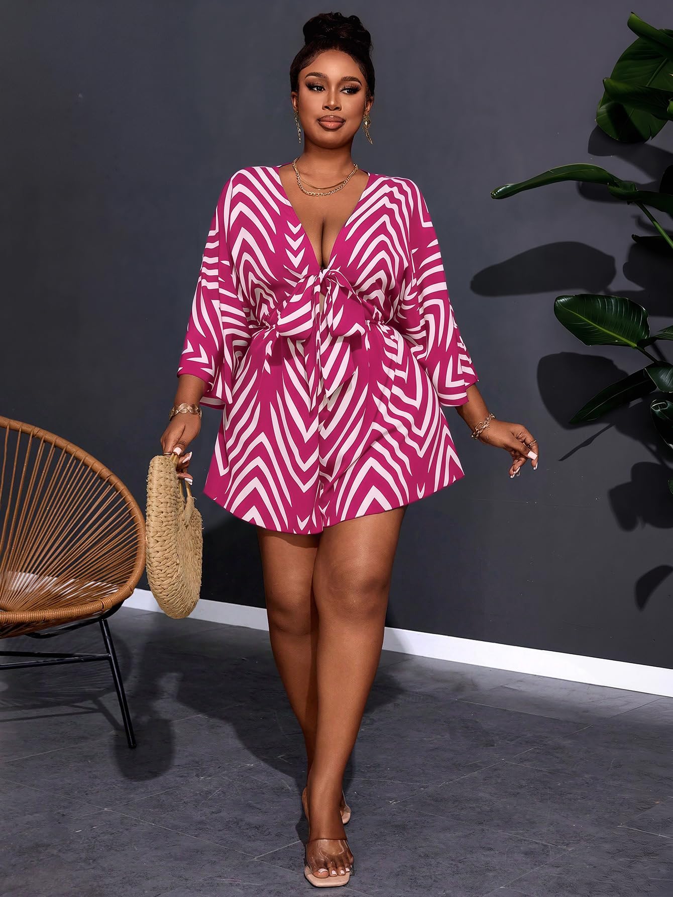 SOLY HUX Women's Plus Size Striped Tie Front Short Jumpsuit | V Neck, 3/4 Sleeve, Loose, Romper