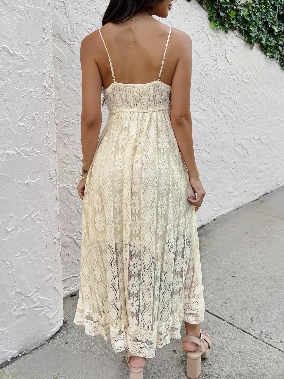 CUPSHE Womens Lace Summer Maxi Dresses 2026 Beach Wear | V Neck Spaghetti Straps Sundress, Tassel, Boho Pom Poms, Flowy Vacation Outfits, Resort Wear, Graduation Wedding Guest Looks