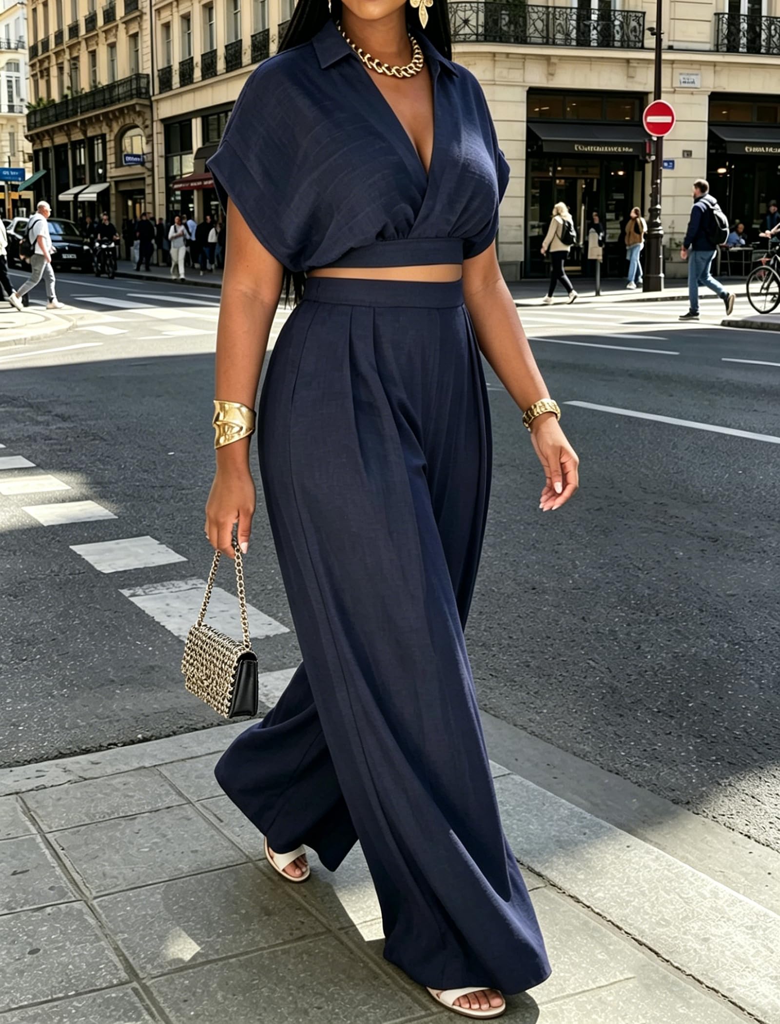 Ekaliy Women Two Piece Crop Top Flowy Wide Leg Pants Set Summer Outfits | Lightweight breathable fabric,batwing V-neck crop top,elastic waist wide leg lined pants with pockets for casual wear.