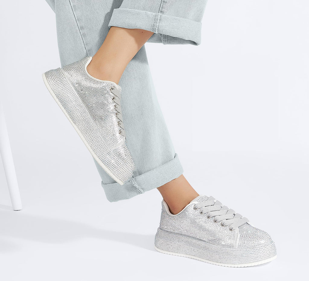 LUCKY STEP Rhinestone Platform Sneakers for Women | Sparkly Glitter Bling Tennis Shoes Fashion Wedding Party Walking Sneakers