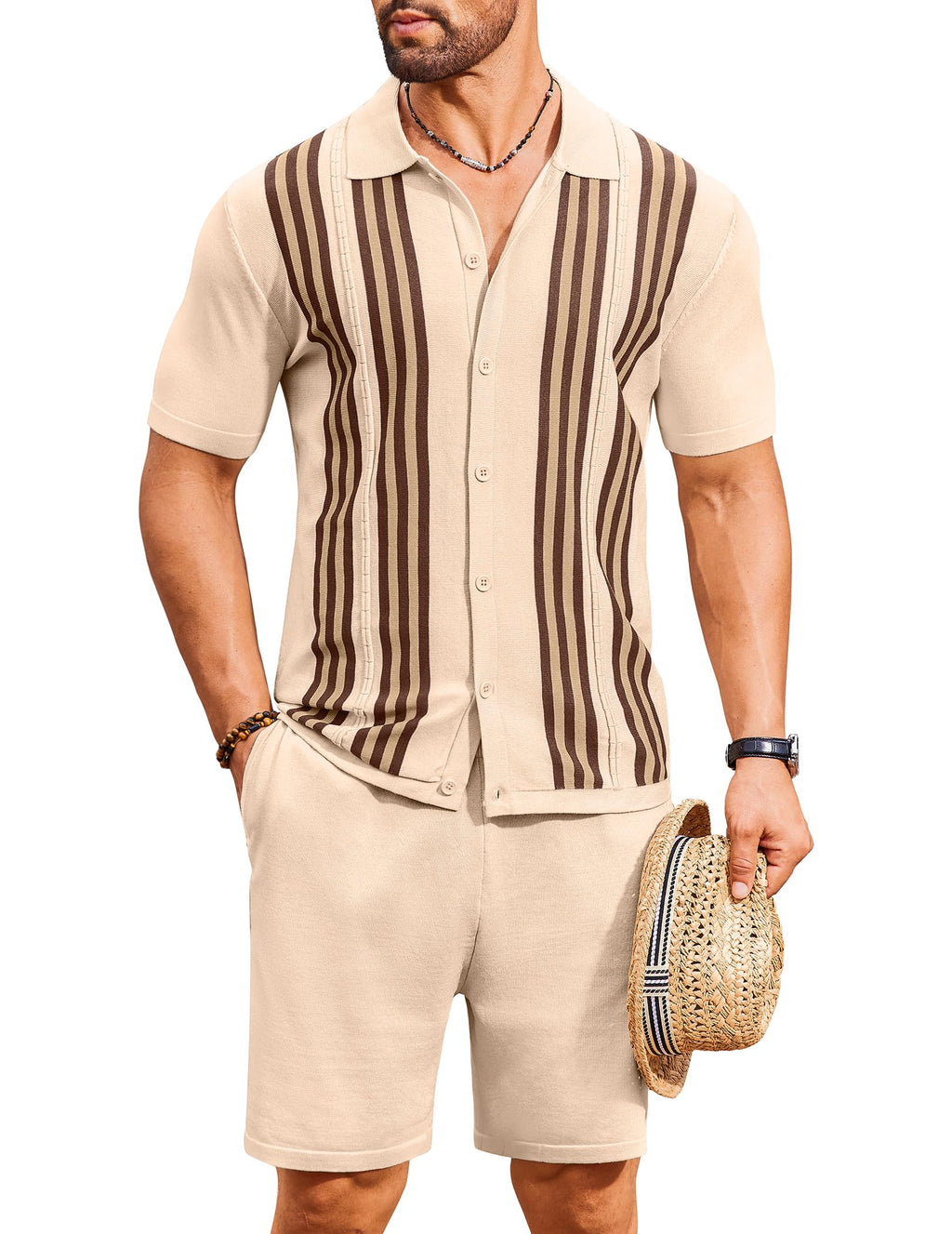 COOFANDY Men's 2 Piece Outfits Summer Short Sets Vintage Knit Button Down Shirt Short Sleeve Polo Casual Beach Suits