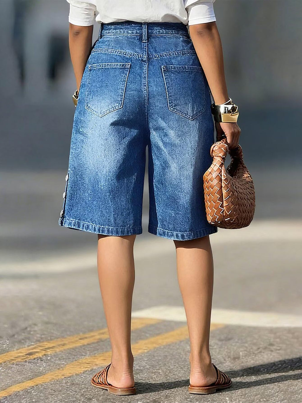 Flamingals Bermuda High Waist Stretchy Pockets Shorts for Women | Button Decor, Casual Styling, Bermuda Shorts for Women, High Waist, Denim Fabric, Stretch Comfort