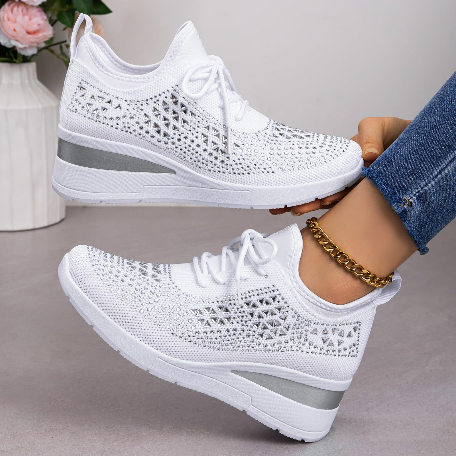 Glitter Rhinestone Wedge Sneakers with Lace-Up for Women Fashion Shiny Sequin Comfort Orthopedic Breathable Mesh Round Toe Soft Sole Tennis Walking Shoes