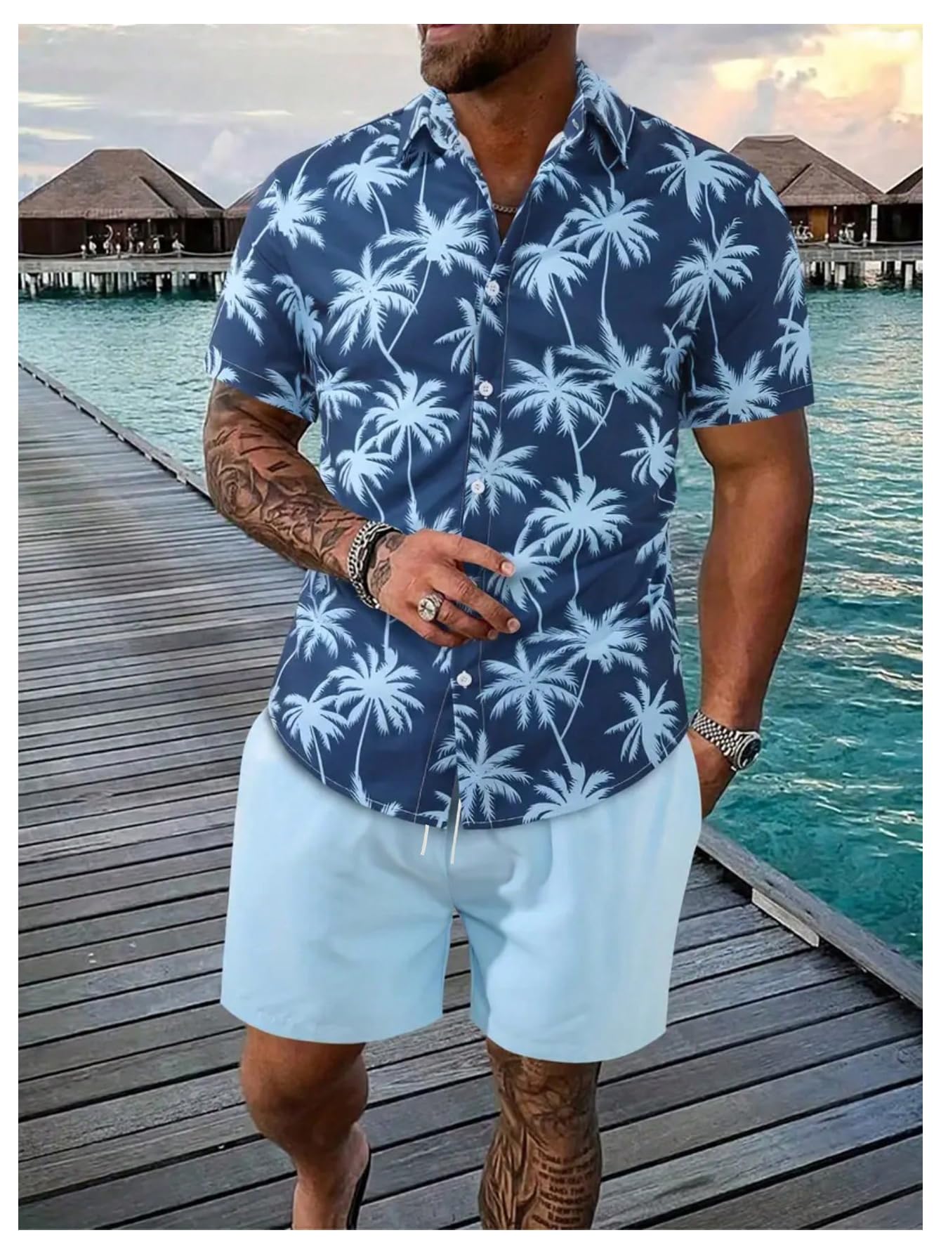 GORGLITTER Men's Beach Cruise Vacation Outfits Floral Shirt and Shorts Sets | Short Sleeve Button Up, Matching Hawaiian Outfits for Couples, Resort Wear