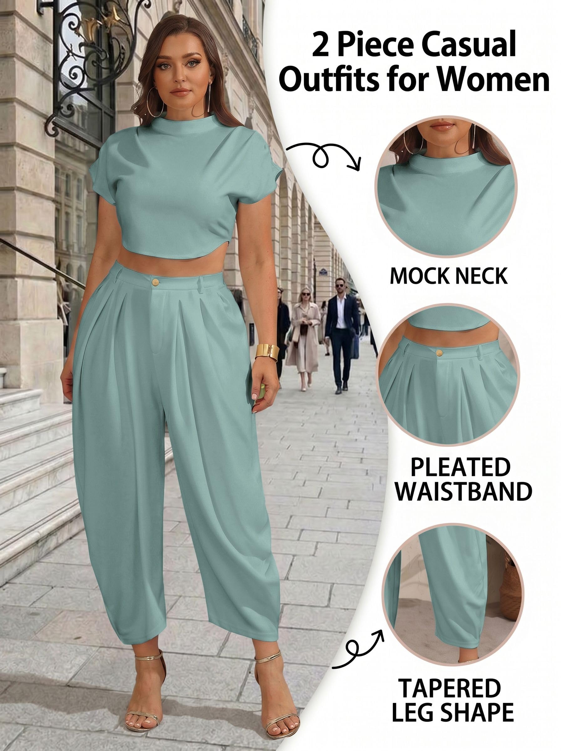 Ekaliy Womens Casual 2 Piece Outfits Cap Sleeve Crop Top Palazzo Pants Set | Mock Neck,Short Sleeve,Zipper-Back Crop Top,High-Waisted Pleated Pants,Wide Leg Dress Pants,2 Piece Sets For Women Dressy
