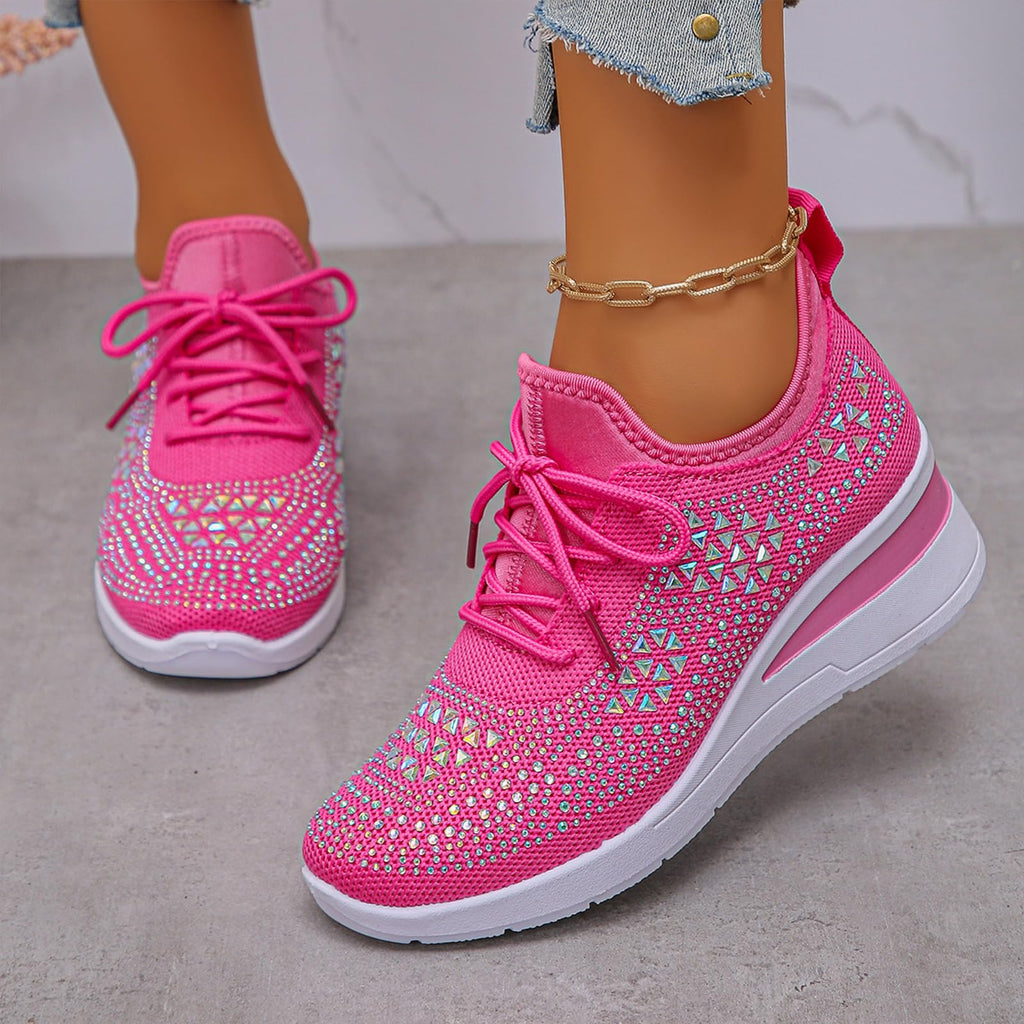 Glitter Rhinestone Wedge Sneakers with Lace-Up for Women Fashion Shiny Sequin Comfort Orthopedic Breathable Mesh Round Toe Soft Sole Tennis Walking Shoes