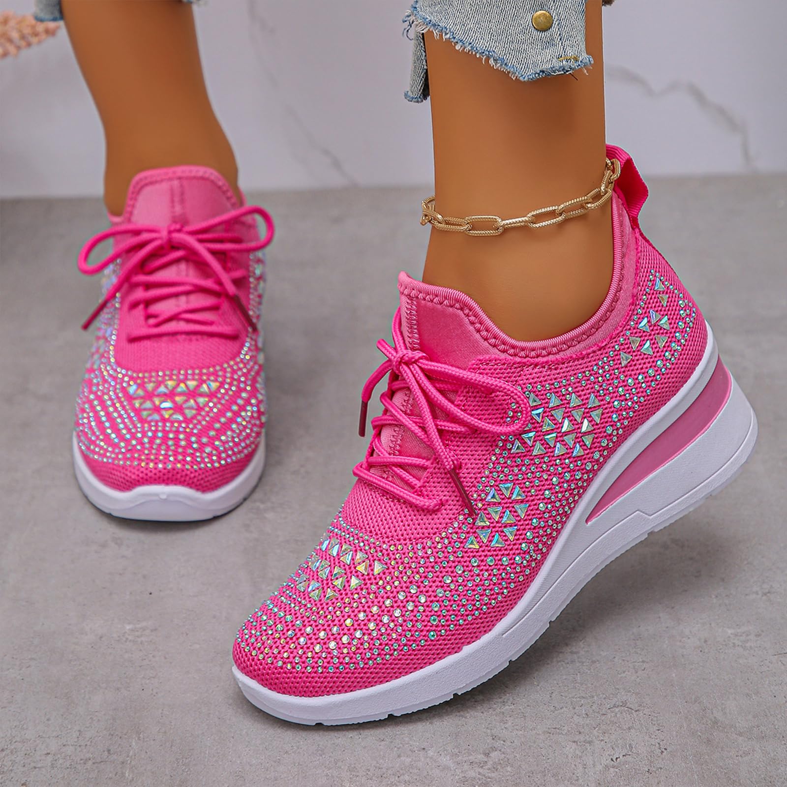 Glitter Rhinestone Wedge Sneakers with Lace-Up for Women Fashion Shiny Sequin Comfort Orthopedic Breathable Mesh Round Toe Soft Sole Tennis Walking Shoes