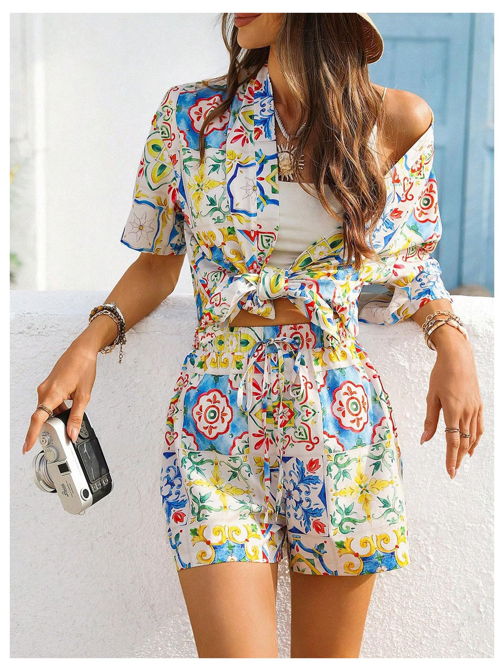 MakeMeChic Women's Two Piece Sets Summer Tropical Vacation Outfits Boho Floral Kimono Tops Shorts Set