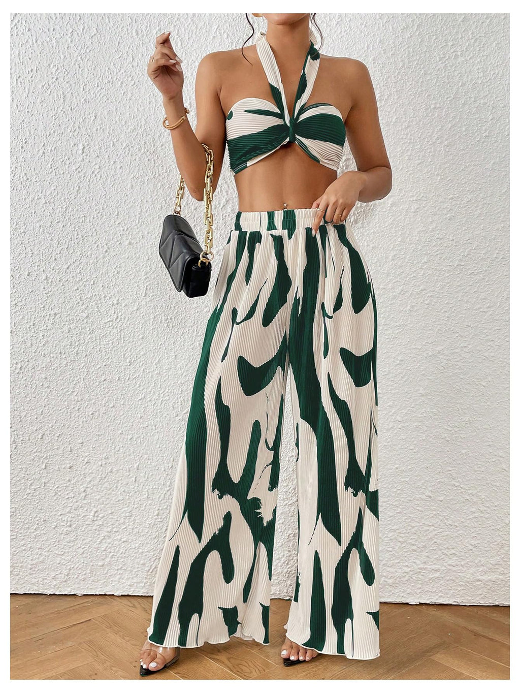OYOANGLE Women's 2 Piece Graphic Halter Top Wide Leg Pants Vacation Outfits | Knitted, Sleeveless, Crop, High Waist, Beach Club, Summer Sets, Sexy Resort Wear