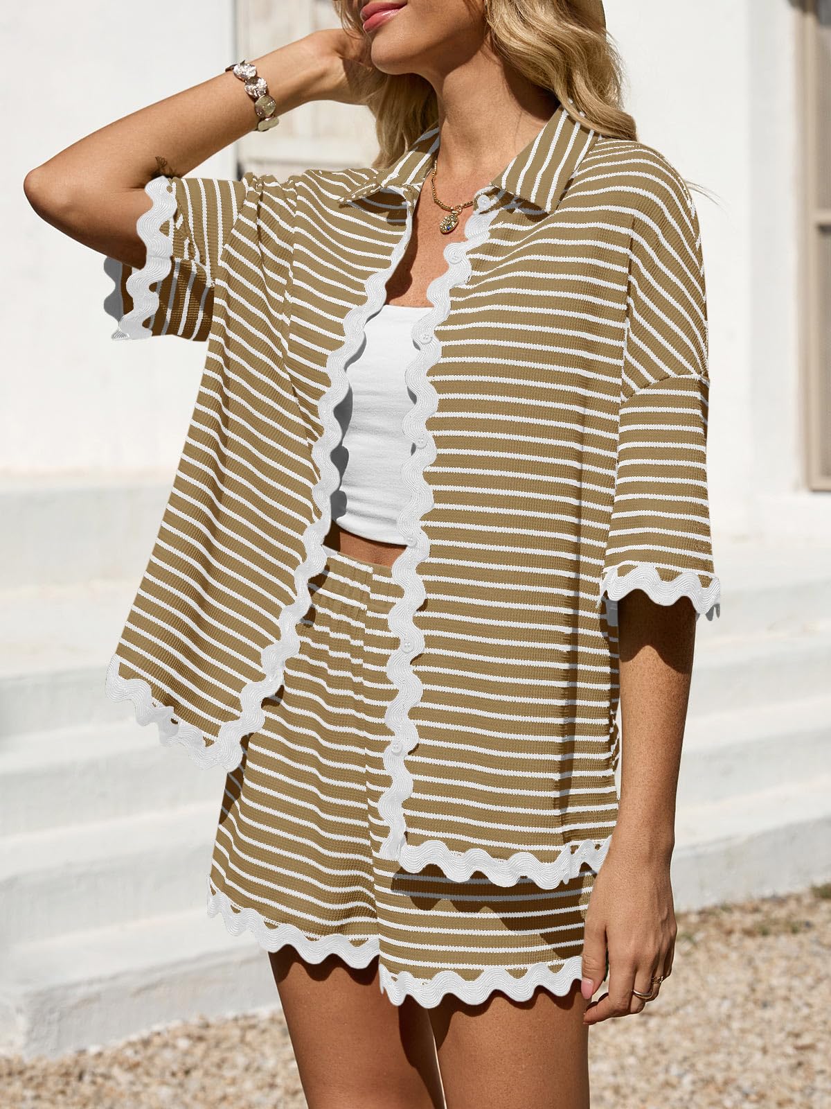 Tankaneo Womens 2 Piece Outfit Lounge Set Striped Summer Matching Sets | Summer, Short Sleeve, Button Down Shirts and Shorts, Lounge Set, Matching Sets
