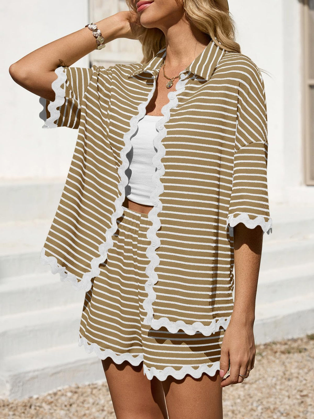 Tankaneo Womens 2 Piece Outfit Lounge Set Striped Summer Matching Sets | Summer, Short Sleeve, Button Down Shirts and Shorts, Lounge Set, Matching Sets