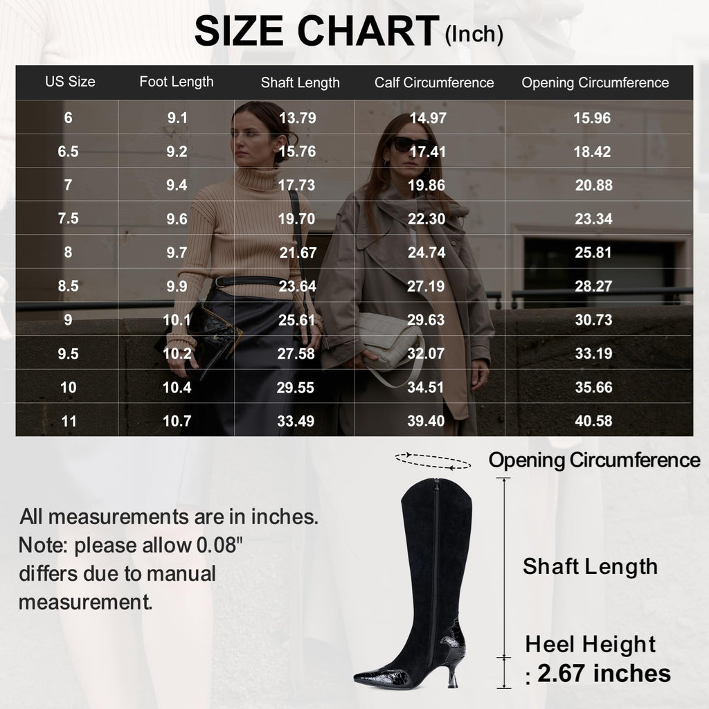 Vepose Women's Knee High Boots, Pointed Toe Kitten Heel Dress Boots | Riding tall boot style, low heel, side zipper, fashion silhouette, patchwork design, suit for jeans, skirts, nights out