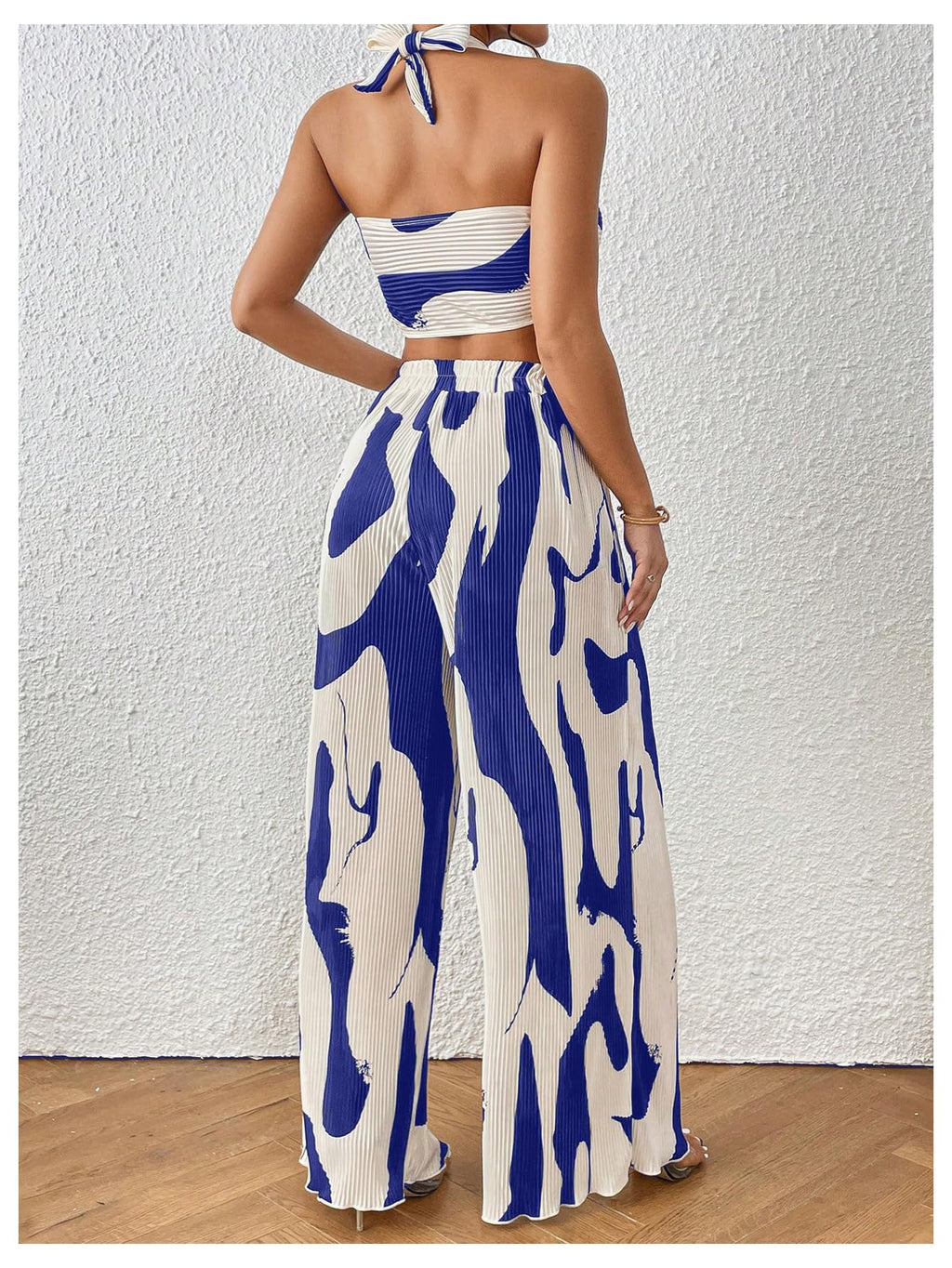 OYOANGLE Women's 2 Piece Graphic Halter Top Wide Leg Pants Vacation Outfits | Knitted, Sleeveless, Crop, High Waist, Beach Club, Summer Sets, Sexy Resort Wear