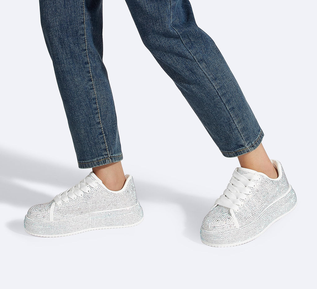 LUCKY STEP Rhinestone Platform Sneakers for Women | Sparkly Glitter Bling Tennis Shoes Fashion Wedding Party Walking Sneakers