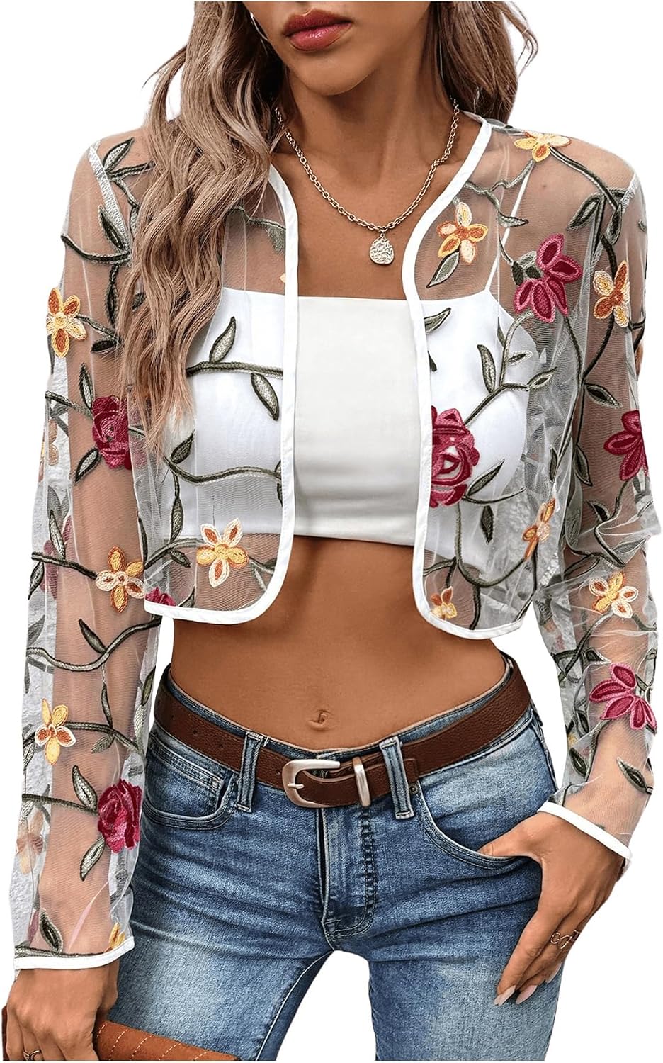 OYOANGLE Women's Floral Embroidered Sheer Bolero Open Front Crop Jackets | Long Sleeve Mesh Summer Cardigan Tops, Wedding Guest, Shrugs for Dresses, Boho Holiday Cover Up