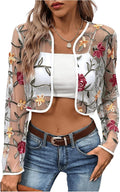 OYOANGLE Women's Floral Embroidered Sheer Bolero Open Front Crop Jackets | Long Sleeve Mesh Summer Cardigan Tops, Wedding Guest, Shrugs for Dresses, Boho Holiday Cover Up