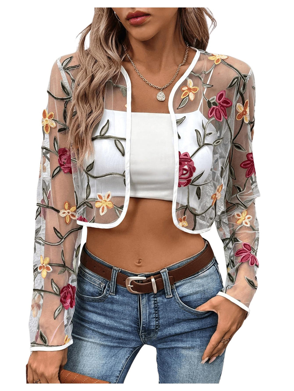 OYOANGLE Women's Floral Embroidered Sheer Bolero Open Front Crop Jackets | Long Sleeve Mesh Summer Cardigan Tops, Wedding Guest, Shrugs for Dresses, Boho Holiday Cover Up