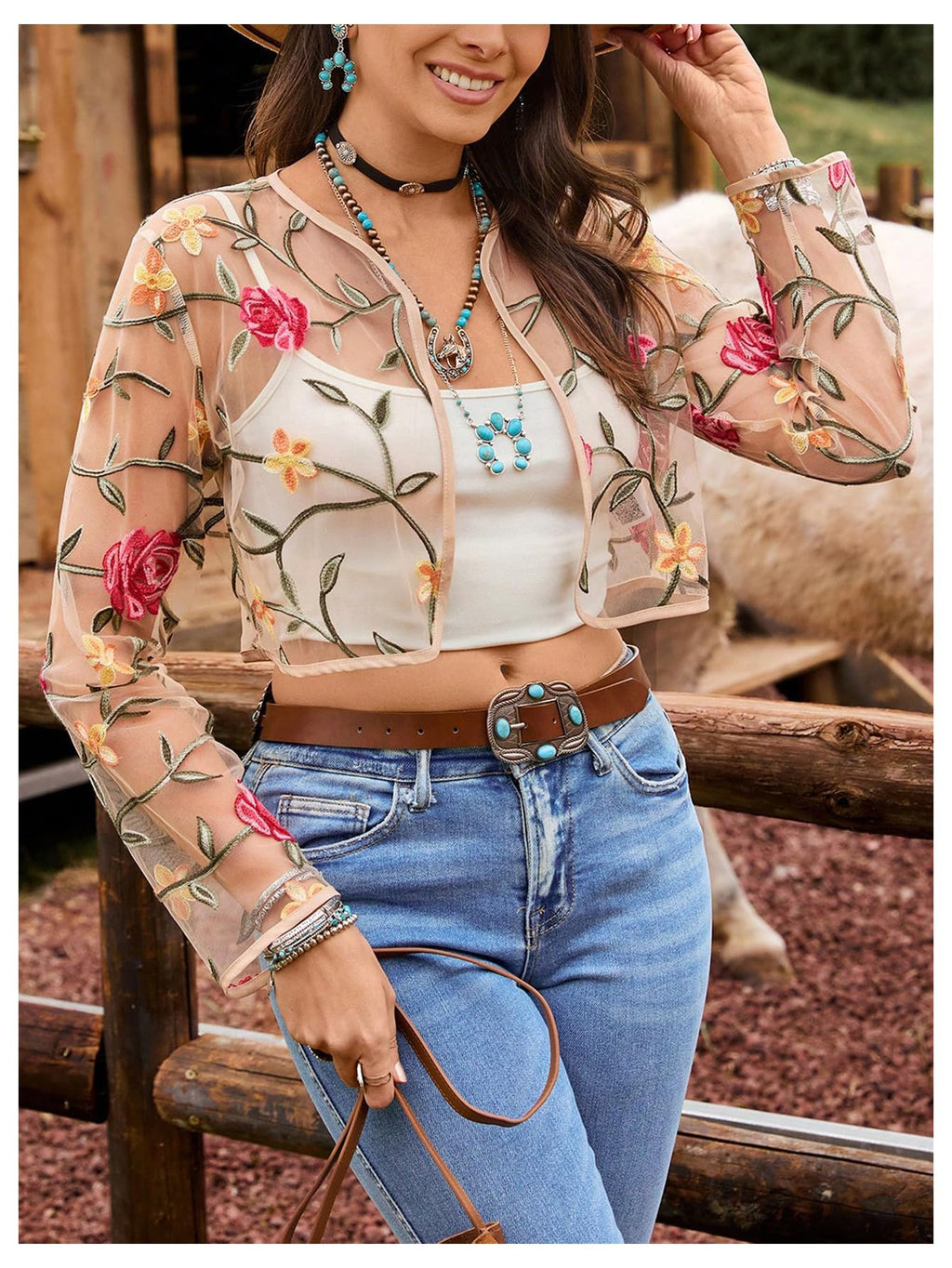 OYOANGLE Women's Floral Embroidered Sheer Bolero Open Front Crop Jackets | Long Sleeve Mesh Summer Cardigan Tops, Wedding Guest, Shrugs for Dresses, Boho Holiday Cover Up