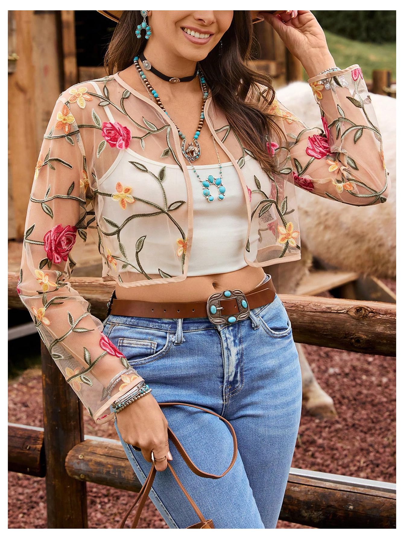OYOANGLE Women's Floral Embroidered Sheer Bolero Open Front Crop Jackets | Long Sleeve Mesh Summer Cardigan Tops, Wedding Guest, Shrugs for Dresses, Boho Holiday Cover Up