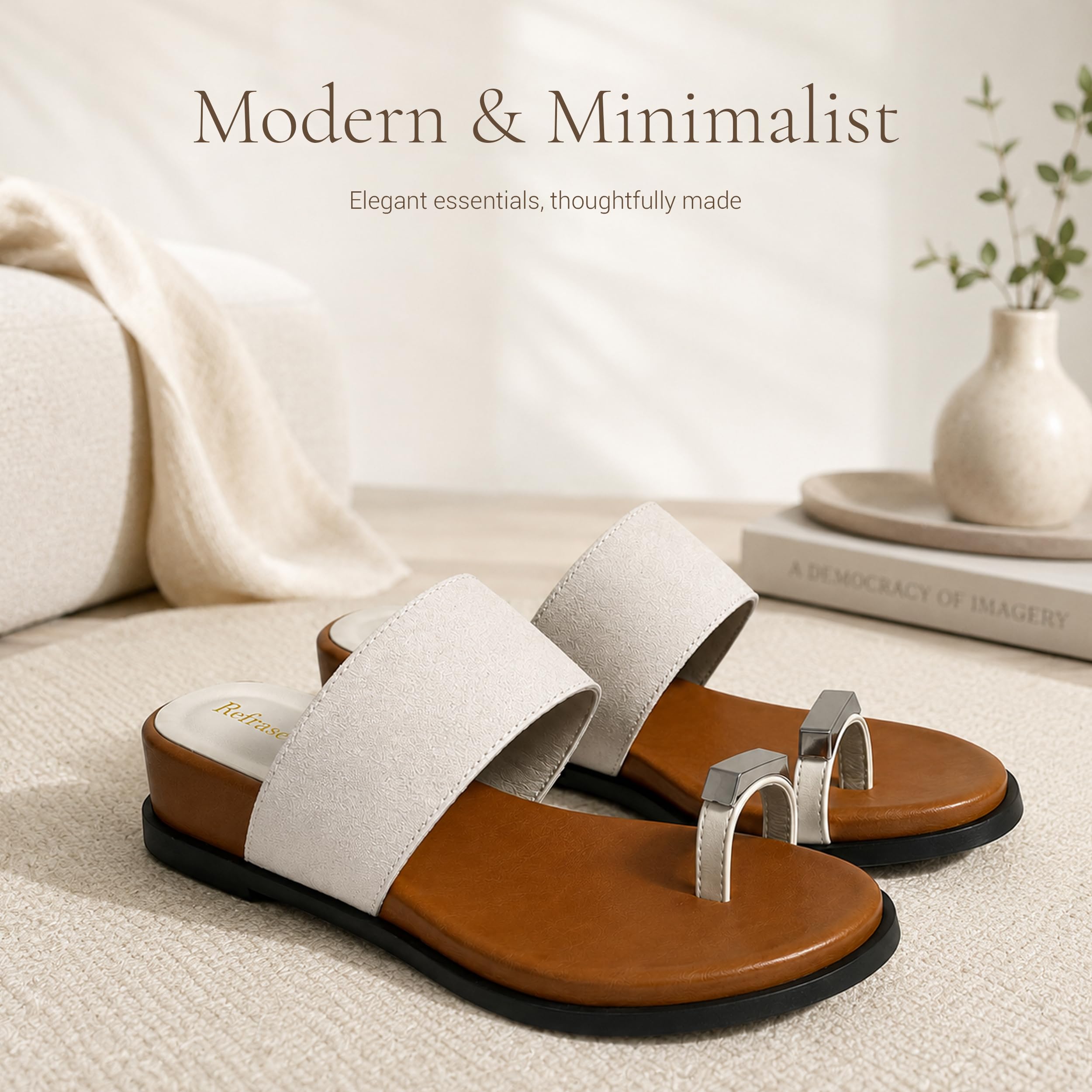 REFRASE LIFE Women's Toe Ring Slide Sandals Strappy Toe Loop Slip On Open Toe Flip Flops, Casual Summer Beach Shoes