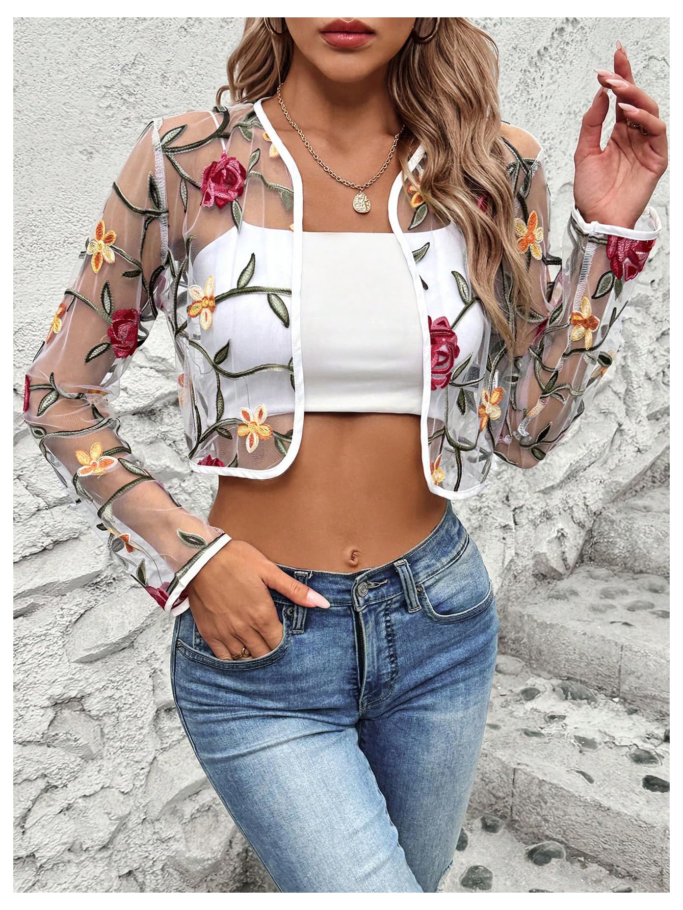 OYOANGLE Women's Floral Embroidered Sheer Bolero Open Front Crop Jackets | Long Sleeve Mesh Summer Cardigan Tops, Wedding Guest, Shrugs for Dresses, Boho Holiday Cover Up
