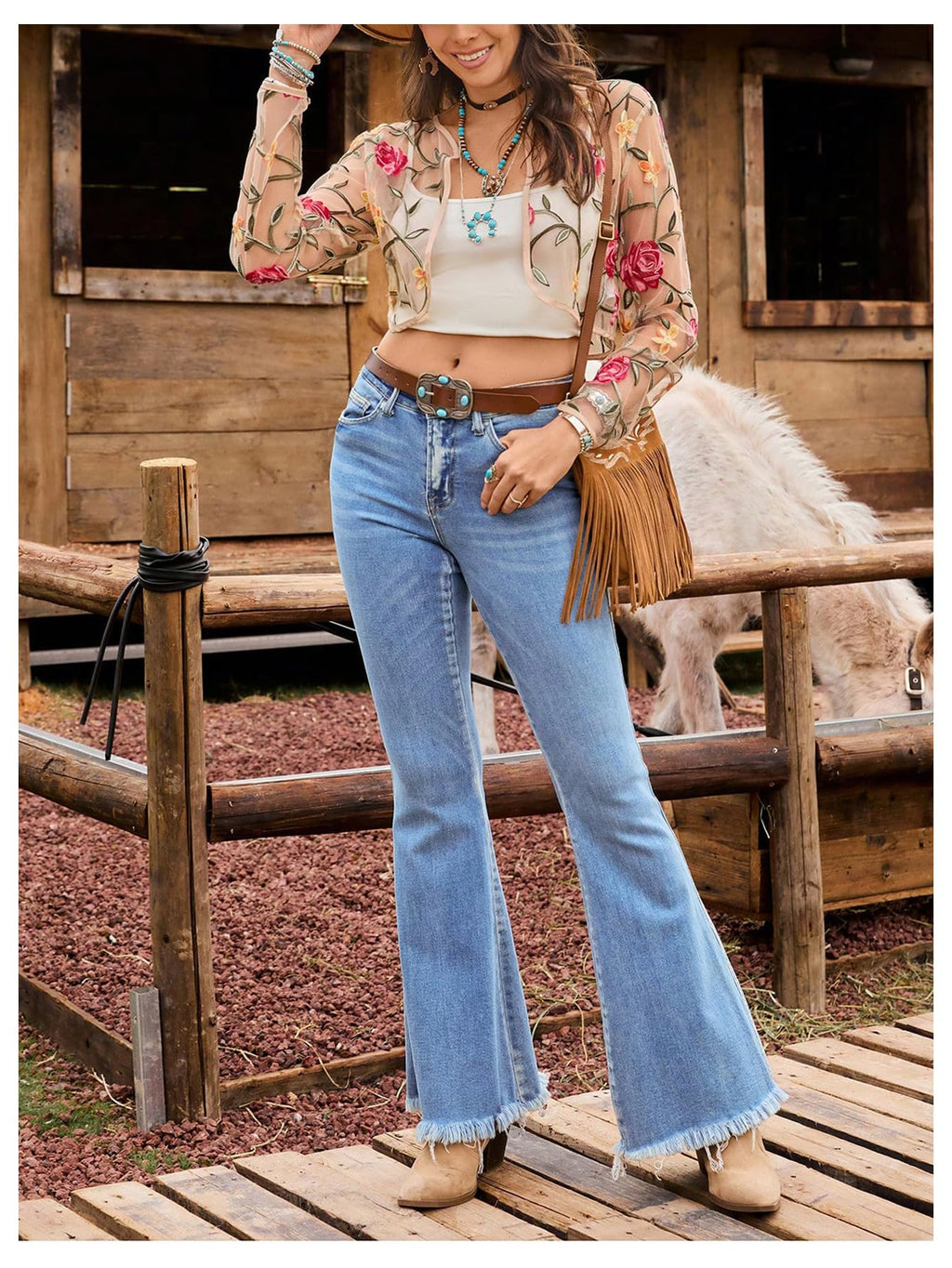 OYOANGLE Women's Floral Embroidered Sheer Bolero Open Front Crop Jackets | Long Sleeve Mesh Summer Cardigan Tops, Wedding Guest, Shrugs for Dresses, Boho Holiday Cover Up