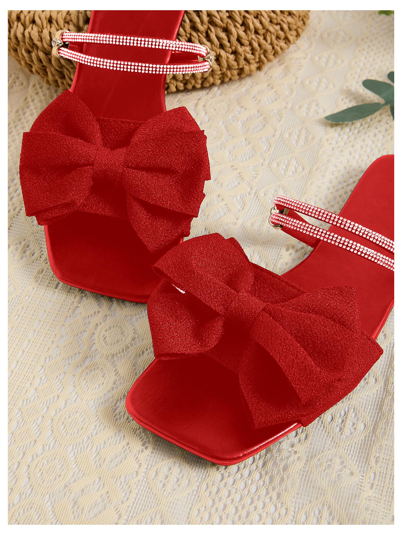 GORGLITTER Women's Bow Flat Sandals Dressy Rhinestone Comfortable Sandals | Cute Slip On Slides, Strappy Flats, Square Toe, Sparkly Dressy Party Wedding Sandals for Bride