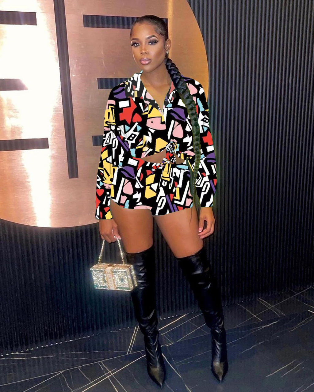 Women 2 Piece Outfit Sexy Printed Crop Top and Shorts Set | Tie Front, Long Sleeve, Matching Set, For Club Party Vacation