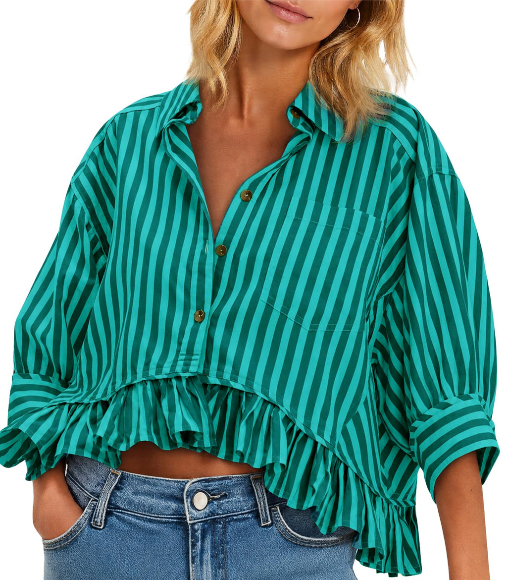 Cicy Bell Womens Cropped Striped Button Down Shirts Ruffle 3/4 Length Tops | Dressy Casual Blouses,Summer V Neck Tops,Vacation Outfits