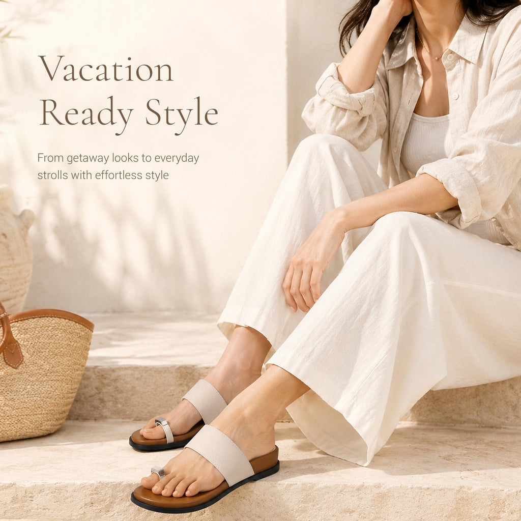 REFRASE LIFE Women's Toe Ring Slide Sandals Strappy Toe Loop Slip On Open Toe Flip Flops, Casual Summer Beach Shoes