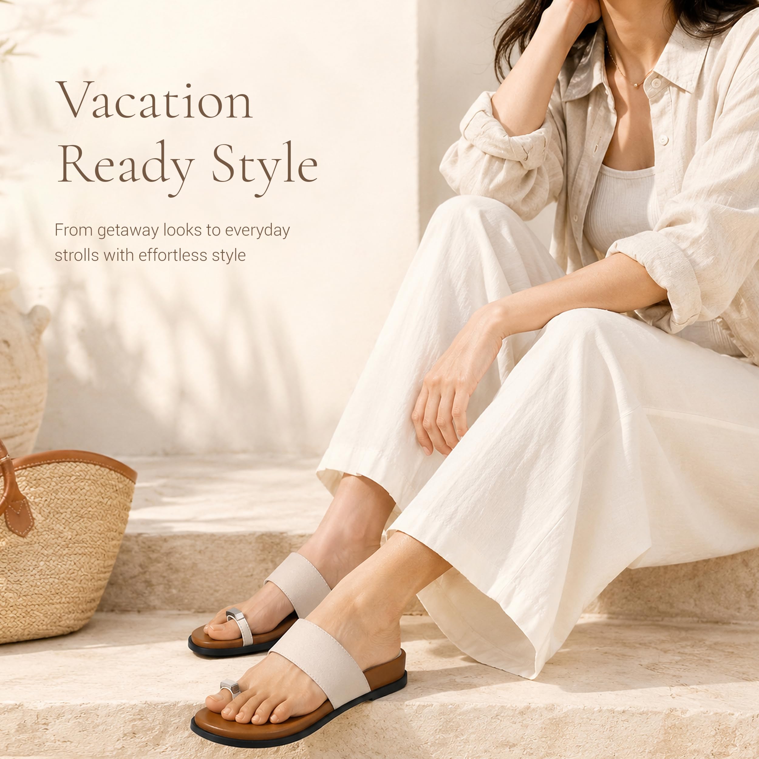 REFRASE LIFE Women's Toe Ring Slide Sandals Strappy Toe Loop Slip On Open Toe Flip Flops, Casual Summer Beach Shoes