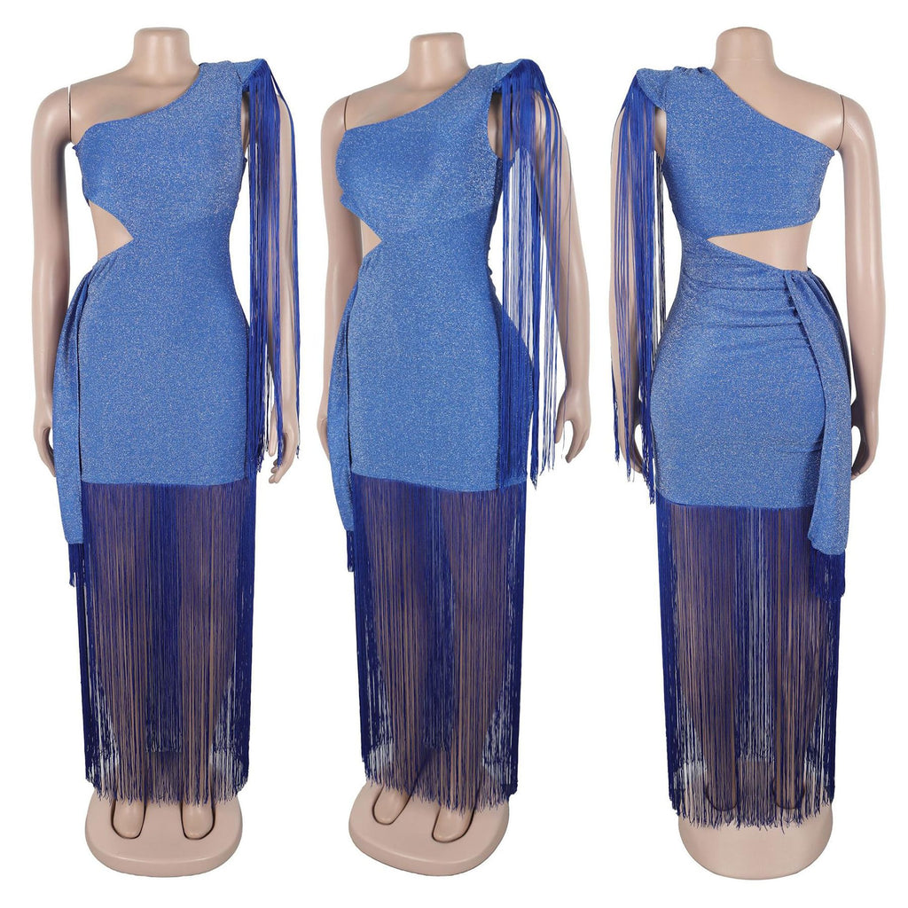 Geulis Women Wedding Guest Dresses Elegant One Shlouder Fringe Dress | Sexy Bodycon Maxi Dress,Cutout off the Shoulder Cocktail Evening Party Formal Dress,Sparkly Glitter,With Tassels