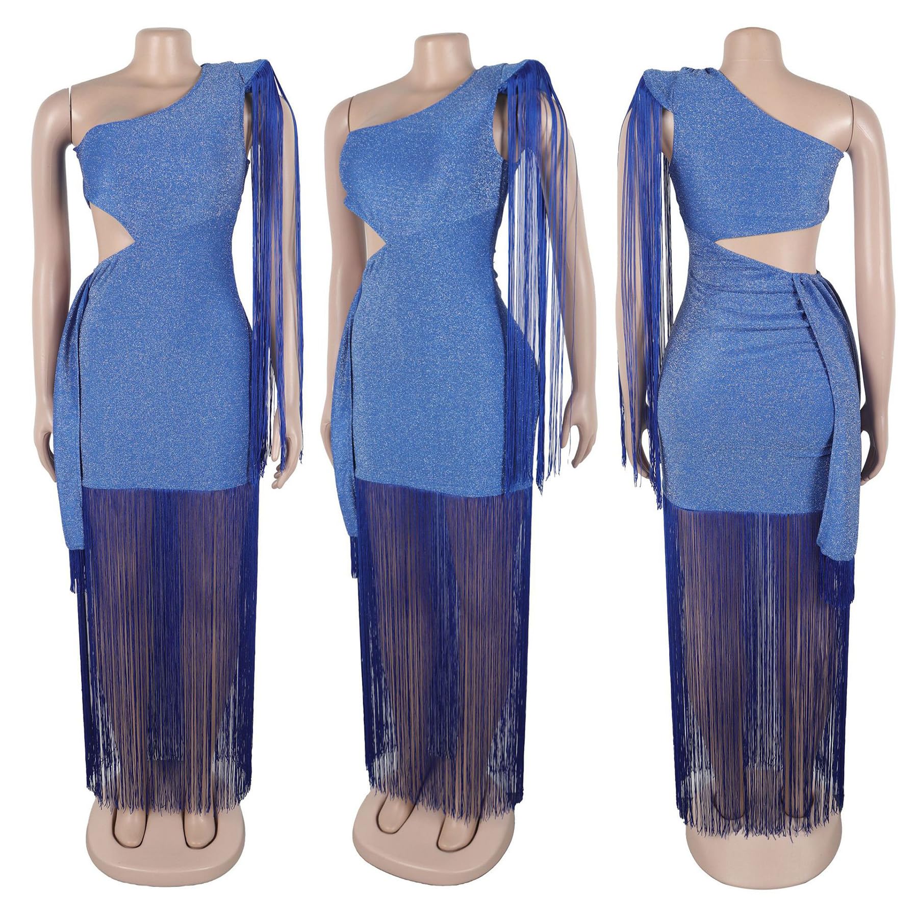 Geulis Women Wedding Guest Dresses Elegant One Shlouder Fringe Dress | Sexy Bodycon Maxi Dress,Cutout off the Shoulder Cocktail Evening Party Formal Dress,Sparkly Glitter,With Tassels