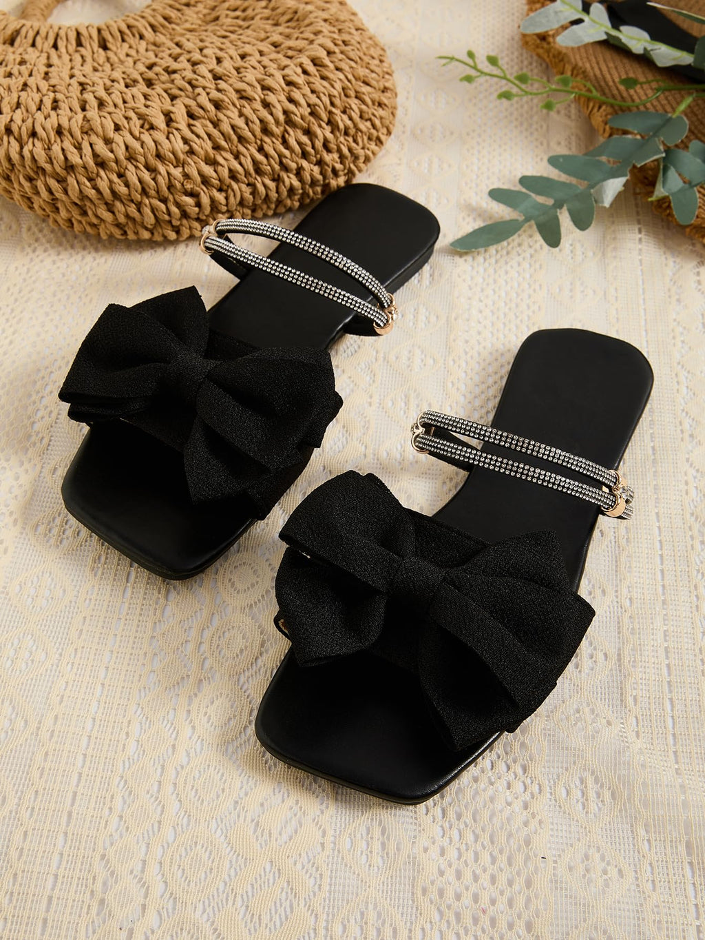 GORGLITTER Women's Bow Flat Sandals Dressy Rhinestone Comfortable Sandals | Cute Slip On Slides, Strappy Flats, Square Toe, Sparkly Dressy Party Wedding Sandals for Bride