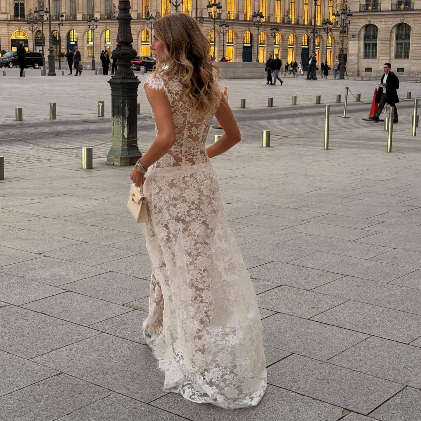 THLAI 2 Piece Outfits for Women Lace See Through V Neck Cap Sleeve Dress-Style Top and Wide Leg Pants Vacation Outfits