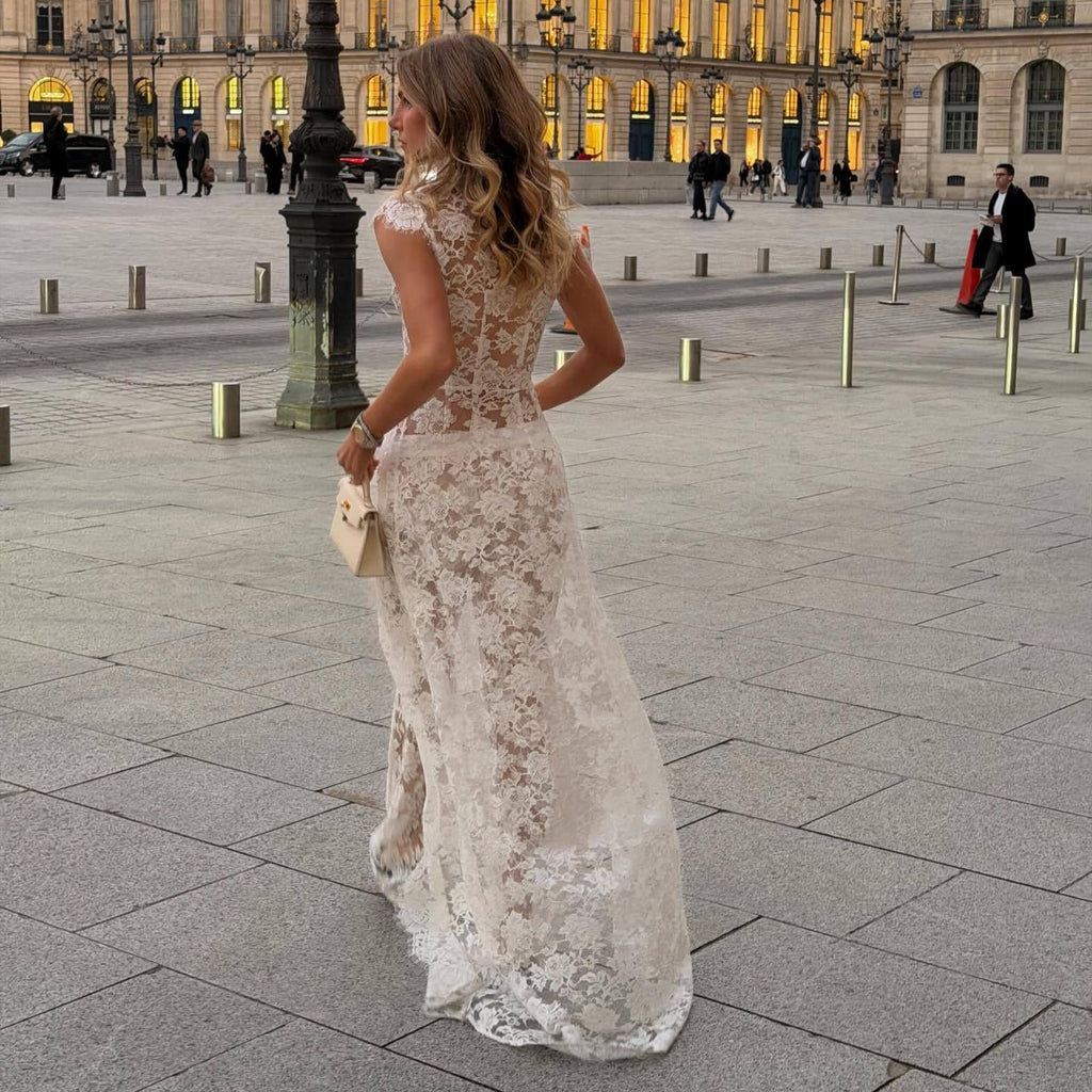 THLAI 2 Piece Outfits for Women Lace See Through V Neck Cap Sleeve Dress-Style Top and Wide Leg Pants Vacation Outfits