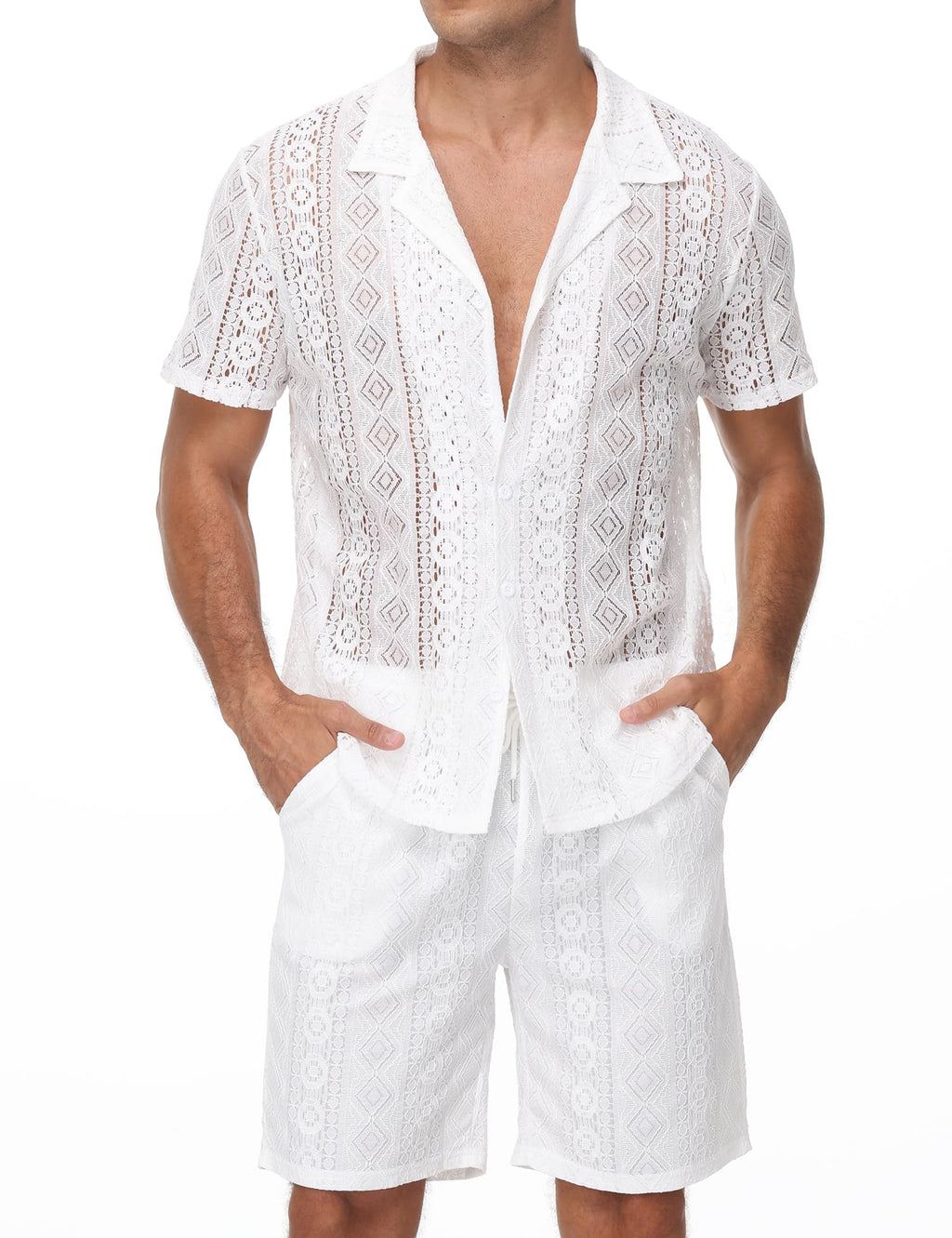 Men 2 Piece Shorts Set Sexy Lace Mesh Sheer Short Sleeve Summer Rave Outfit