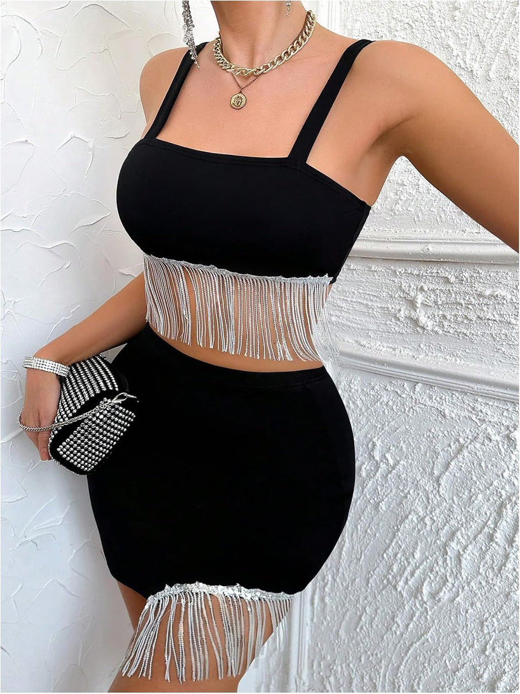 OYOANGLE Women's 2 Piece Outfit Sequin Fringe Crop Top Bodycon Mini Skirt | 2 Piece Party Outfit, Sparkly Sequin, Fringe Crop Top, Bodycon Mini Skirt, Night Out Sets