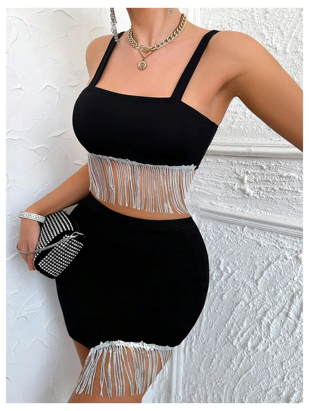 OYOANGLE Women's 2 Piece Outfit Sequin Fringe Crop Top Bodycon Mini Skirt | 2 Piece Party Outfit, Sparkly Sequin, Fringe Crop Top, Bodycon Mini Skirt, Night Out Sets