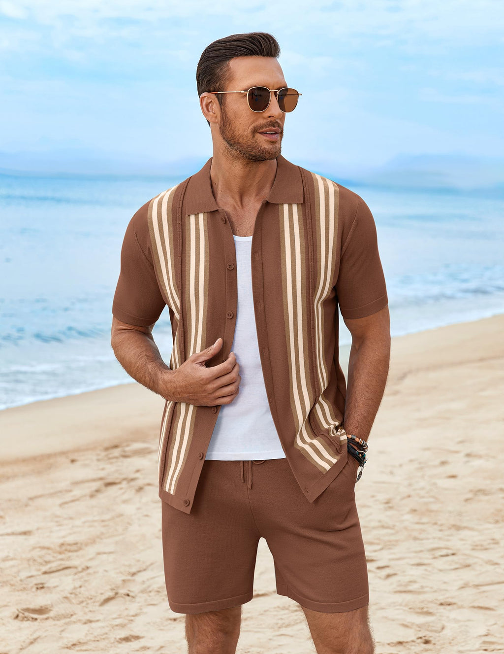 COOFANDY Men's 2 Piece Outfits Summer Short Sets Vintage Knit Button Down Shirt Short Sleeve Polo Casual Beach Suits
