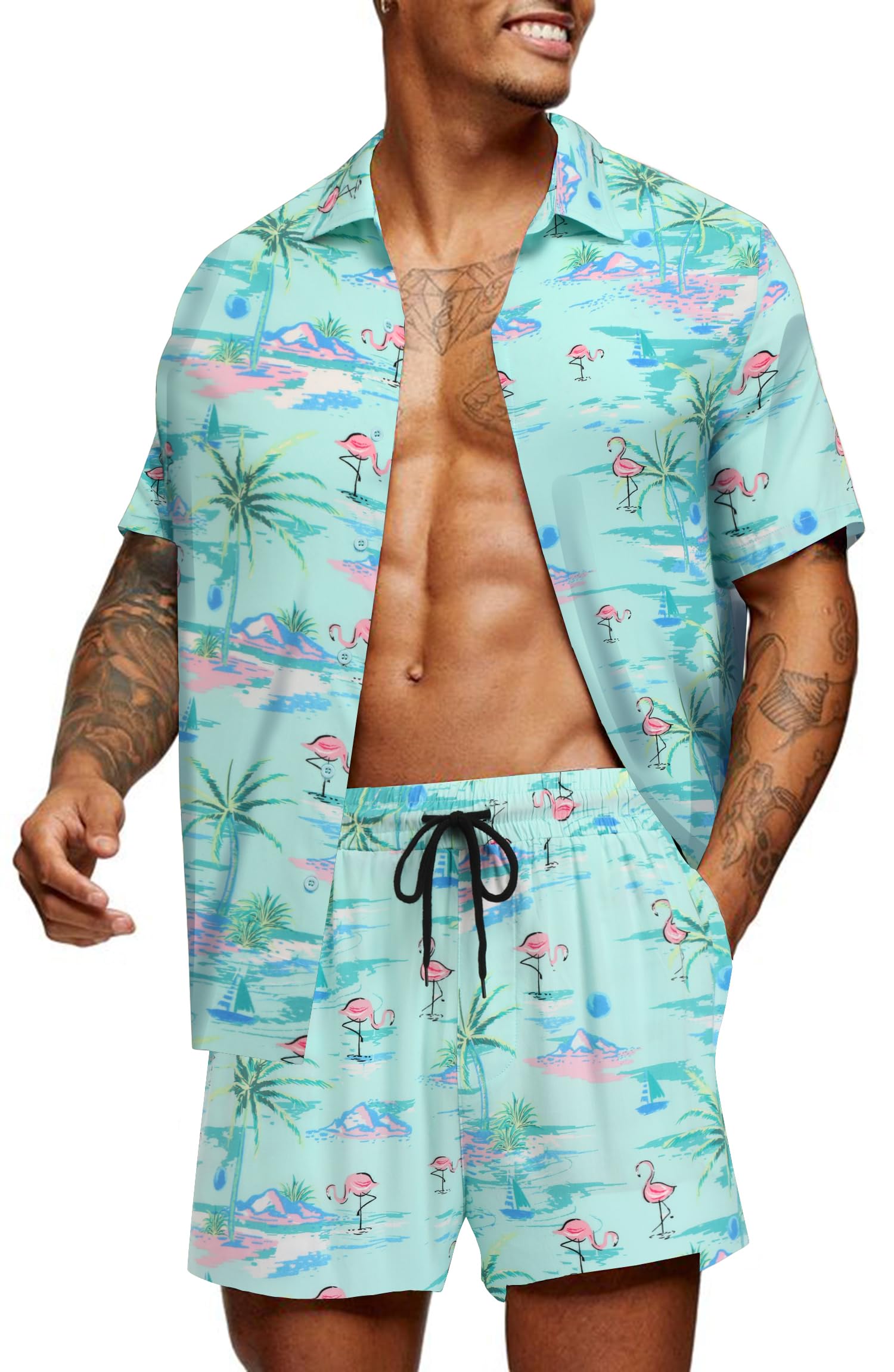 COOFANDY Men's Hawaiian Matching Set Summer Beach 2 Piece Outfits Flower Button Down Shirts and Shorts Vacation Outfits