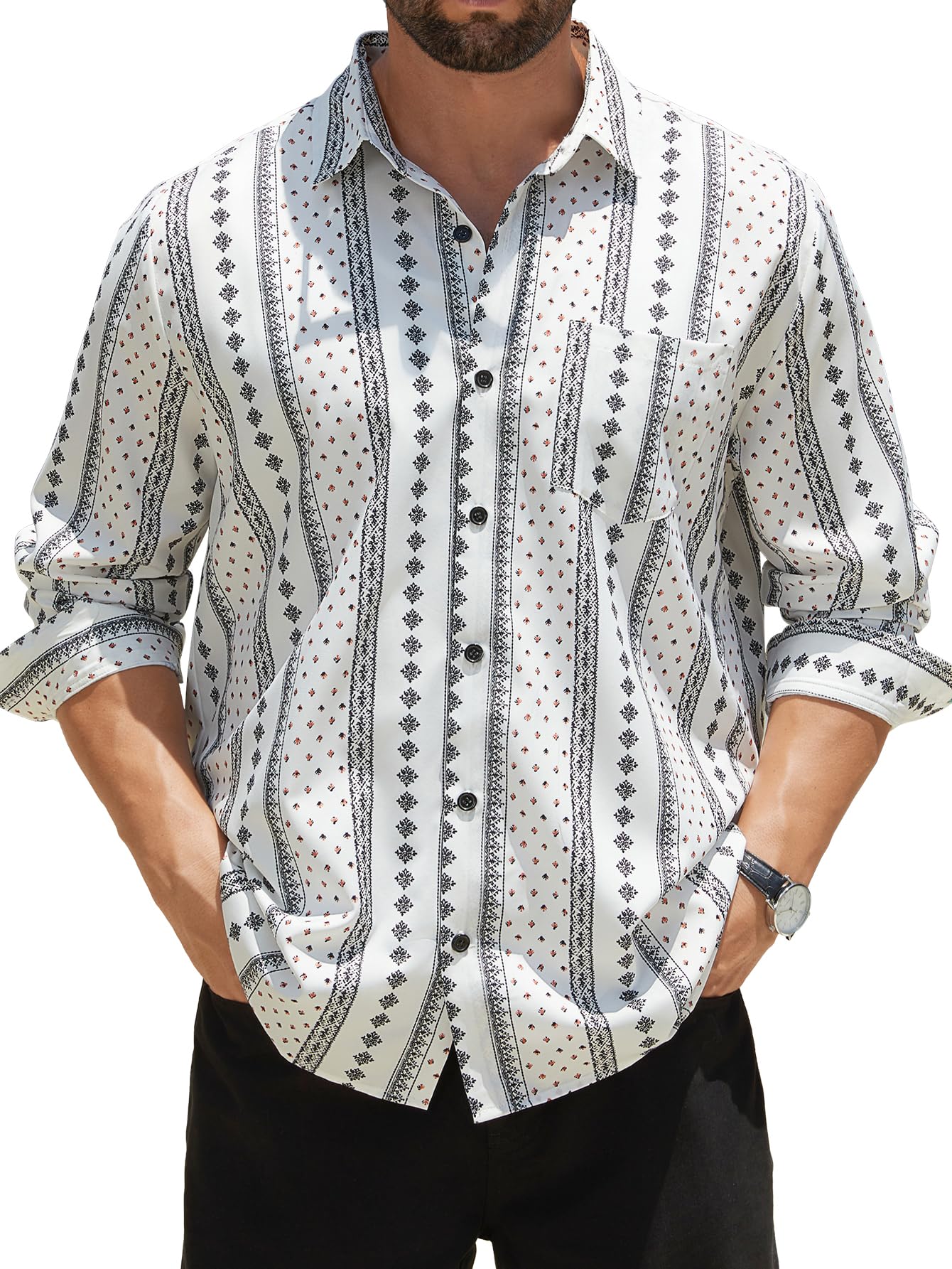 Hardaddy Men's Tropical Floral Button Down Long Sleeve Hawaiian Shirt Flower Printed Beach Shirts