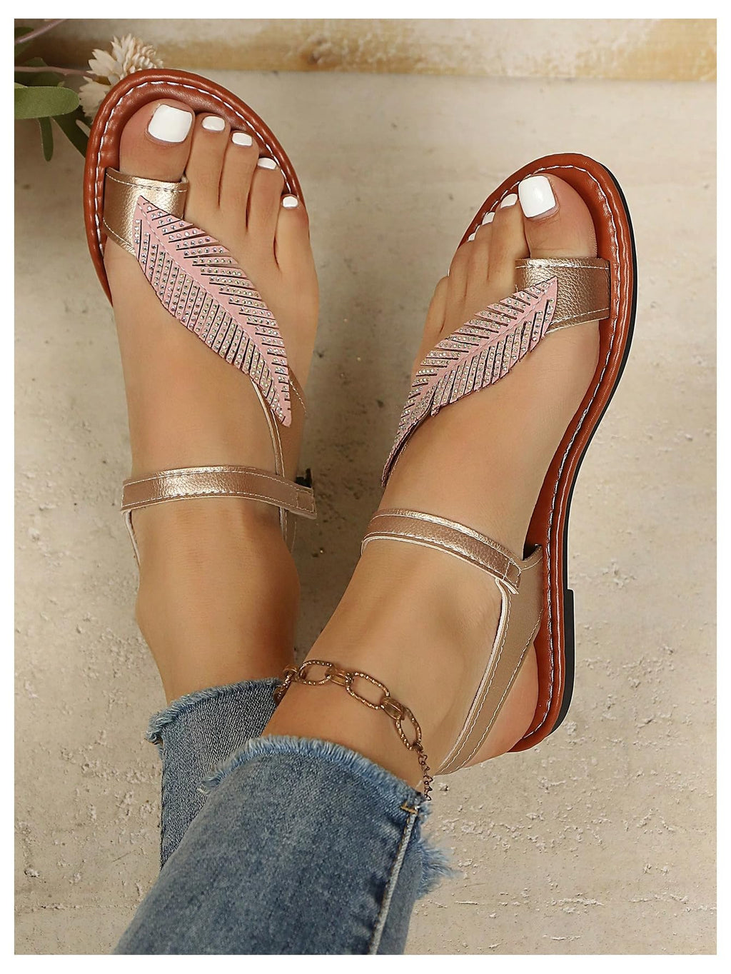 OYOANGLE Women's Leaf Rhinestone Toe Ring Flat Sandals Metallic Faux Leather Ankle Strap Vacation Sandals