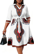 FANDEE Plus Size Midi Dress for Women Casual - Fit and Flare Summer Dresses | Semi Formal,African Print,Polo Collar Cocktail Dress,With Pockets And Belt